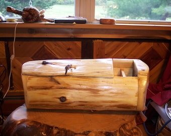 cedar locking money box with a business card holder and  pen envelope holder