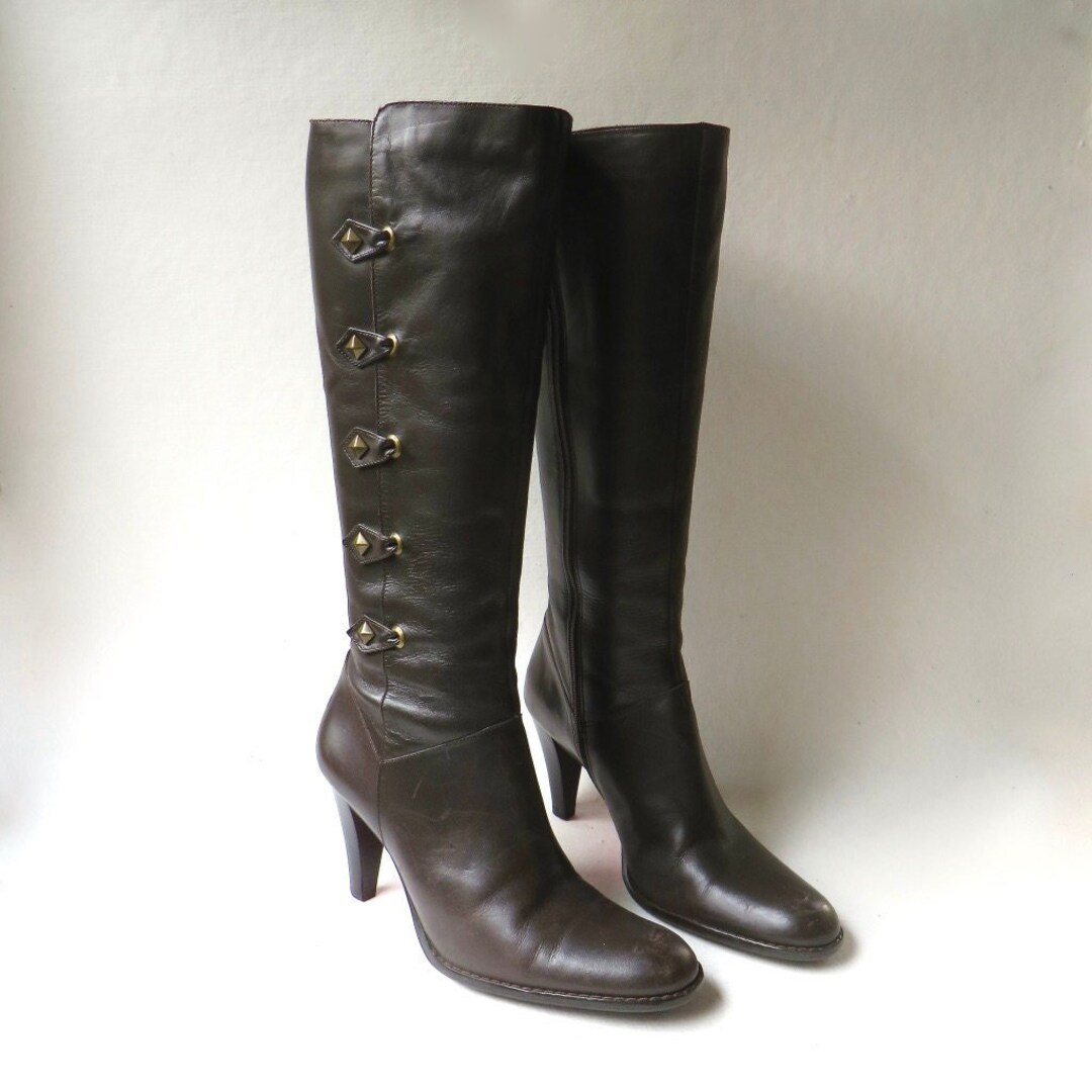 Tall Espresso Bean Brown Vintage Leather High Heel Boots With Etsy