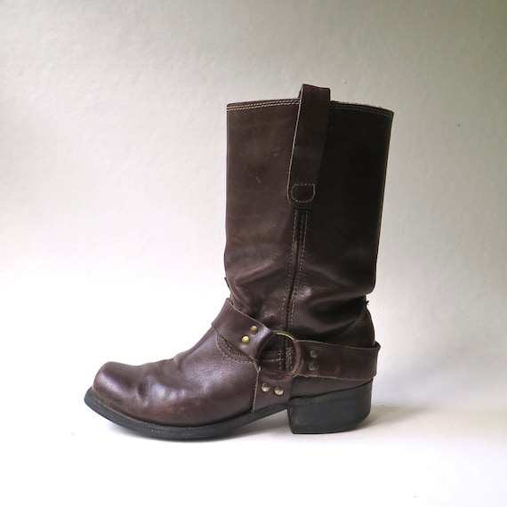 70s vintage Distressed Dark Brown brown leather harness ring boots