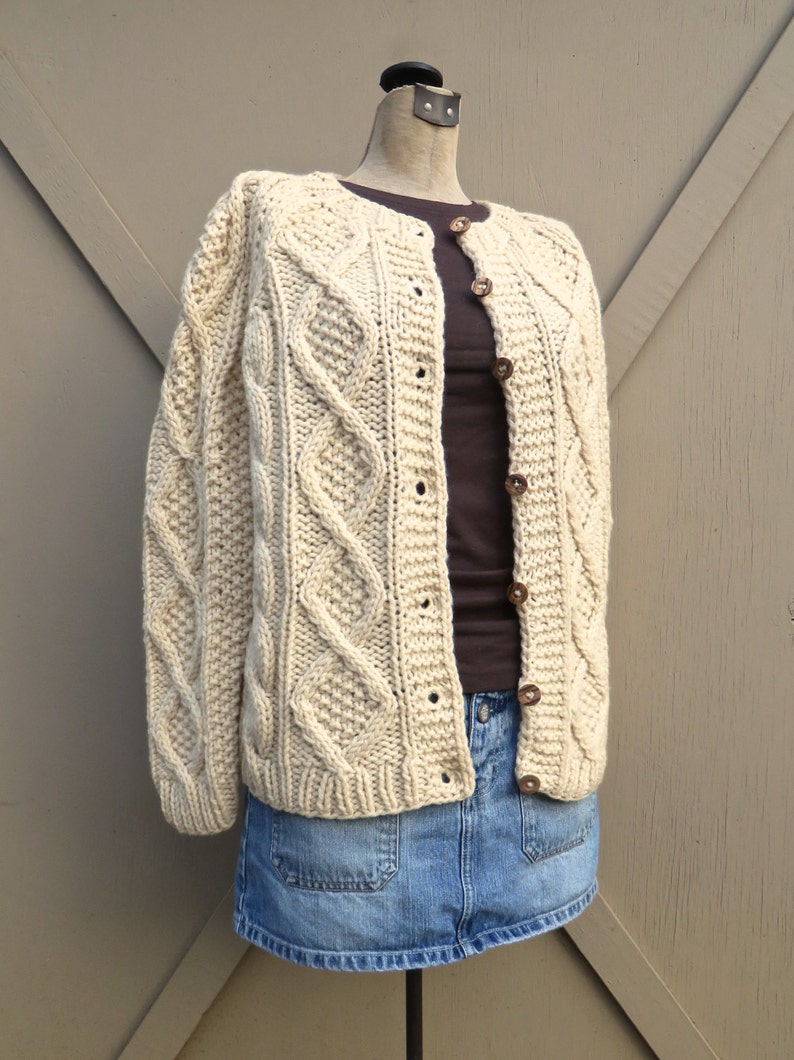 Vintage Handmade Ivory Chunky Cable Knit Wool Cardigan Sweater Etsy