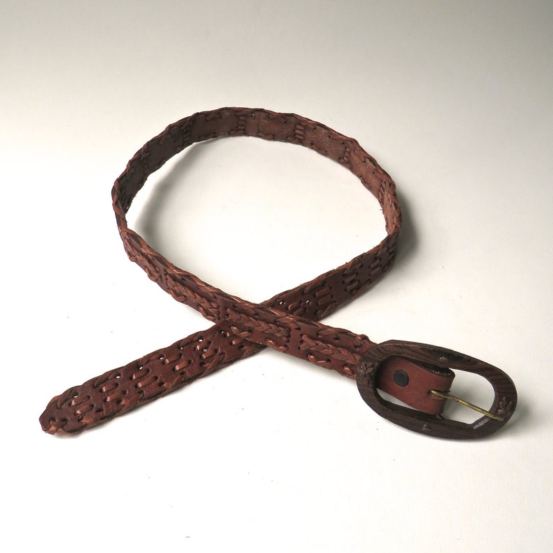 Leegin Vintage Woven Brown Leather Belt With Carved Wooden - Etsy