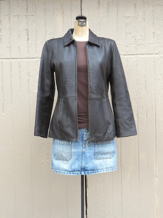 90s vintage Distressed Black Leather Coat / Petite