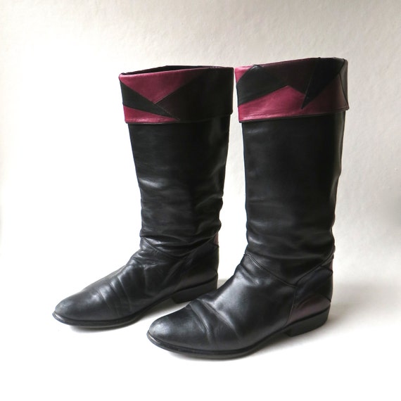 80s vintage Black Leather Slouchy Riding Boots wi… - image 3