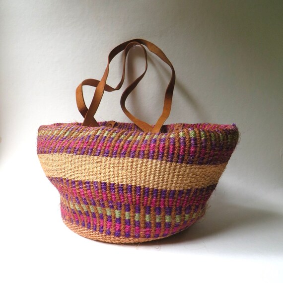 Large vintage Multicolor Striped Woven Sisal Marke