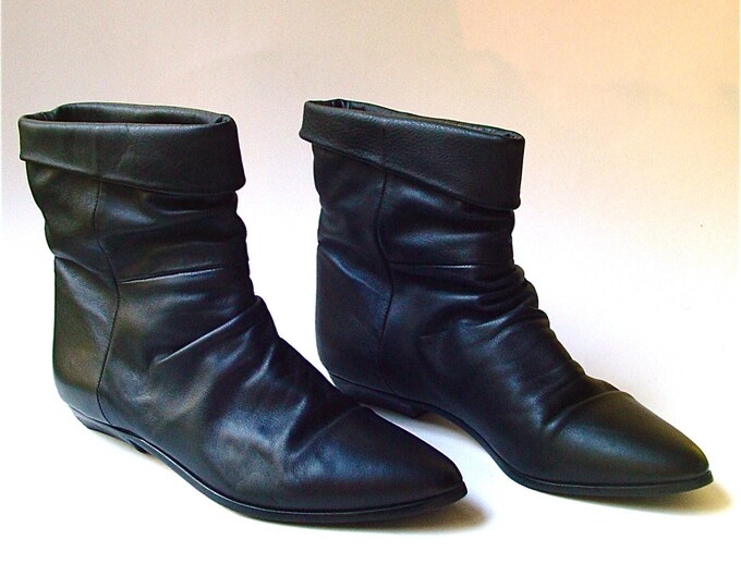 80s Vintage Drifter Black Leather Cuffed Boots - Etsy