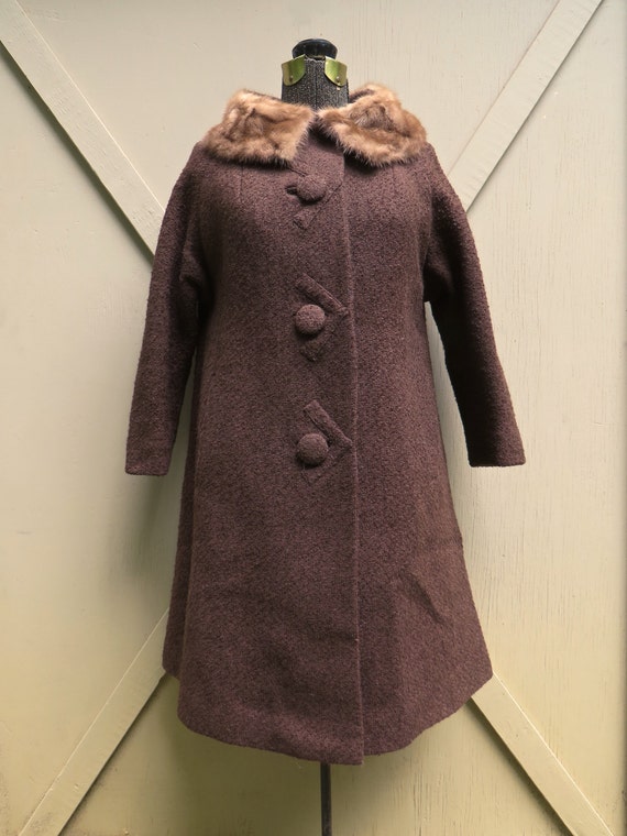 Vintage Black Boucle Box Coat with Mink Collar estimated size Small 36 bust