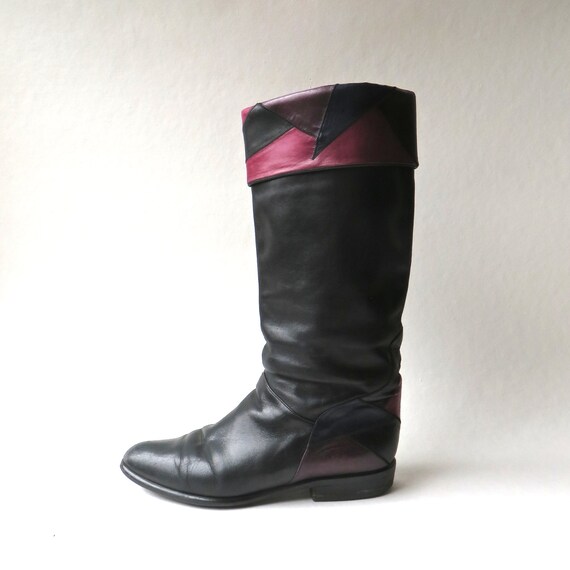 80s vintage Black Leather Slouchy Riding Boots wi… - image 5