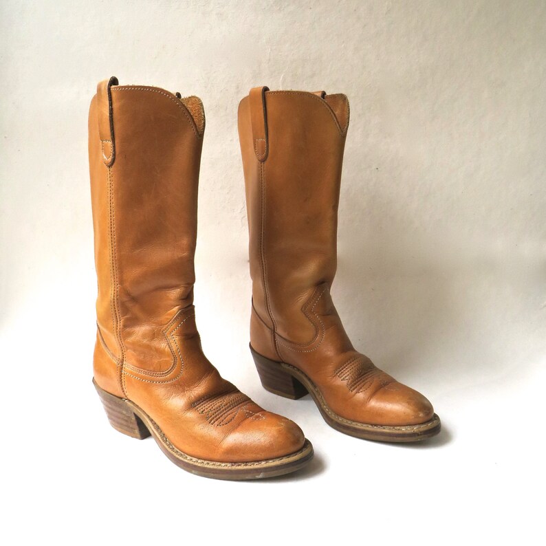 70s vintage Thom McAn Caramel Brown Leather Cowgirl Boots / | Etsy