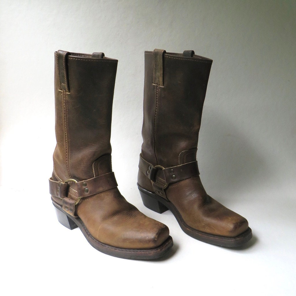 Frye Vintage Brown Leather Snub Toe Harness Biker Boots / Boho - Etsy