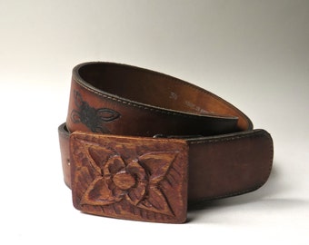 Hickok vintage Hand Made Latigo Brown Leather Belt with Floral Carved Wooden Buckle  /  Made in Haiti / Hickok Belt Makers