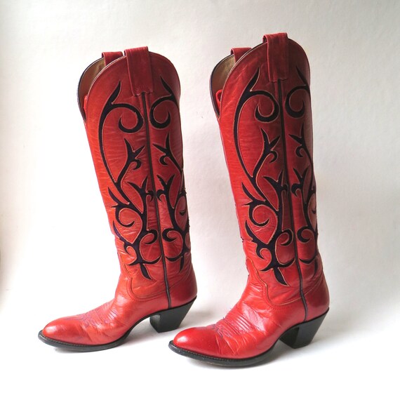 Larry Mahan vintage Red Leather Cowboy Boots with Pur… Gem