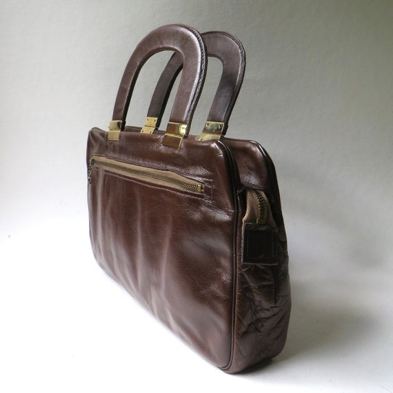 70s vintage Dark Brown Leather Narrow Profile Han… - image 4