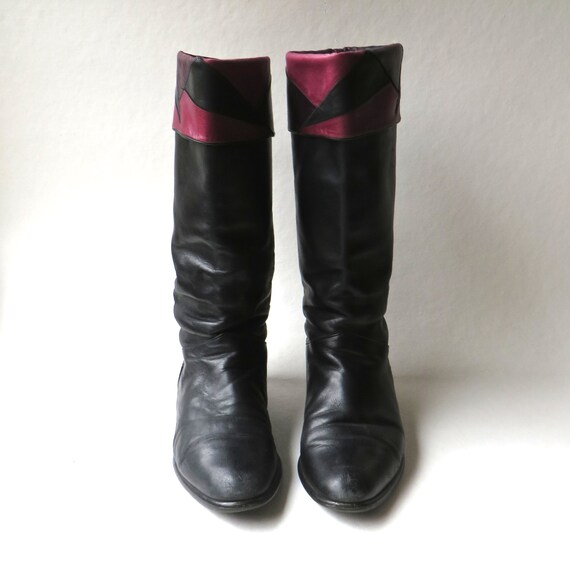 80s vintage Black Leather Slouchy Riding Boots wi… - image 2