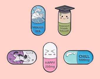 Emaille speldenset – Happy Capsule pillenbroches, vriendencadeau