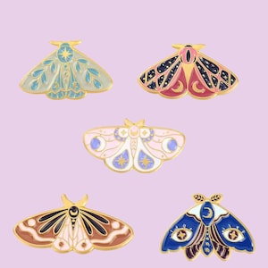 Butterfly Moth Enamel Pin: Gold Star & Moon Brooch