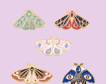 Butterfly Moth Enamel Pin: Gold Star & Moon Brooch