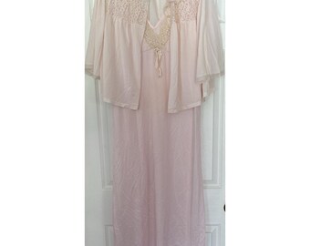 Vtg Seamprufe Pink Nylon Lace Nightgown Jacket Robe Lingerie Slip Dress Maxi 50
