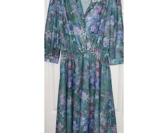 Vintage Antony Richards Grün Blumen Kleid Midi Frauen 12P Monet Seerosen