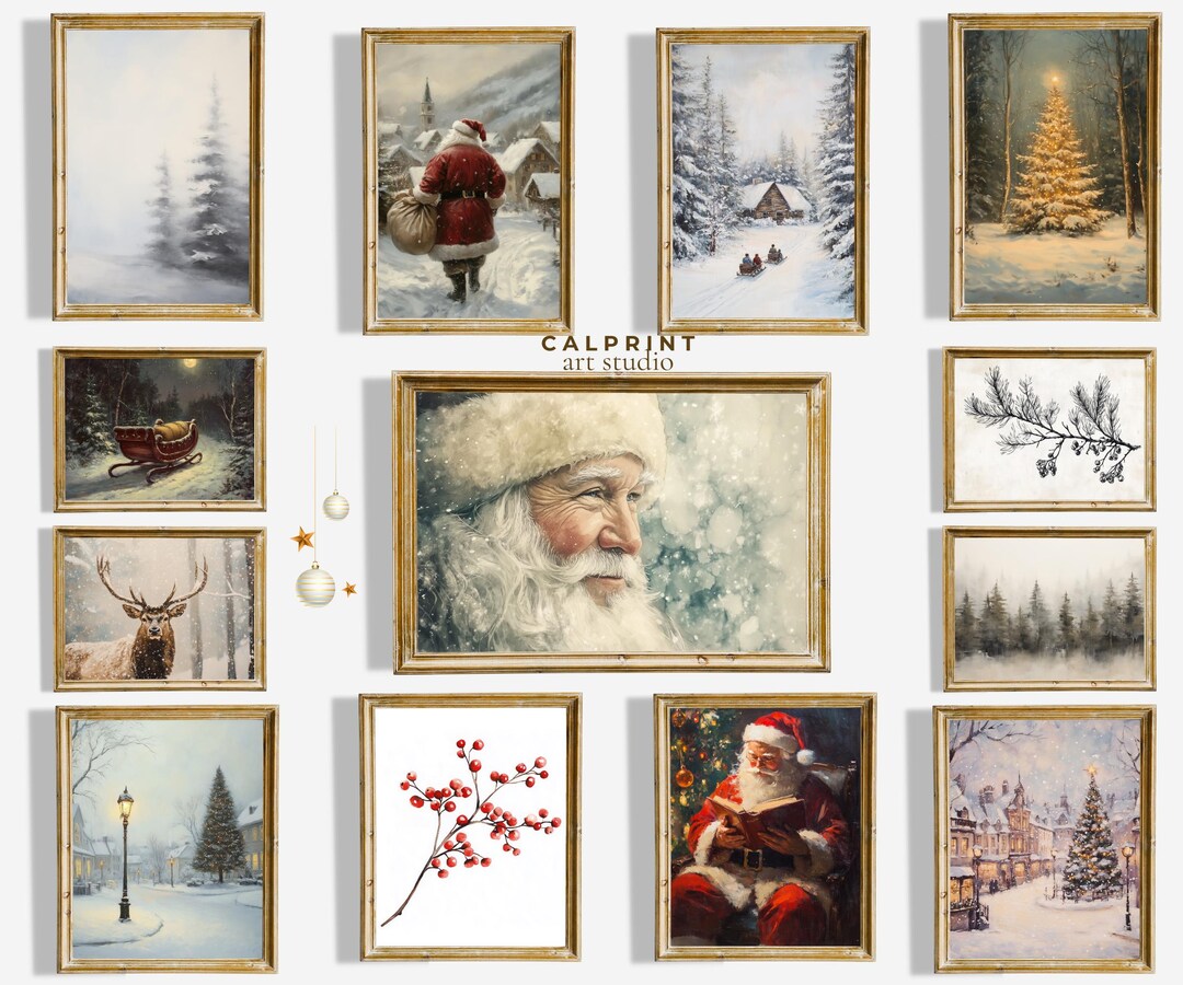 Vintage Christmas Prints Set of Winter Wall Art Santa Claus Print ...