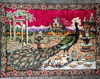 Vintage 1940s Turkish Wall Hanging – Peacock Motif Handwoven Tapestry, 122x170 cm, Collectible Textile