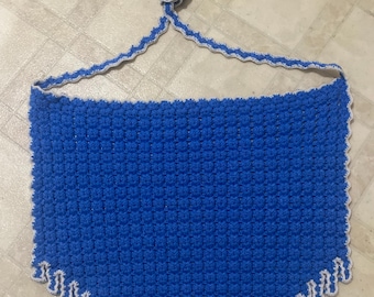 Vintage 1970s Crochet Apron, Blue White Handmade Kitchen Apron, Retro 70s Hostess Apron, Handmade Gift for Women, Vintage Kitchen Decor