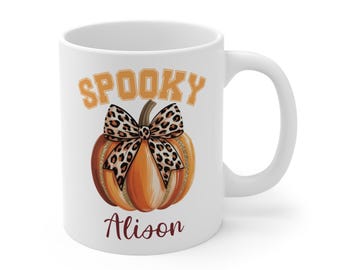 Caneca personalizada de Ação de Graças, design fofo de abóbora, perfeita para o outono, presente de época assustadora, xícara de café com nome personalizado, caneca de abóbora