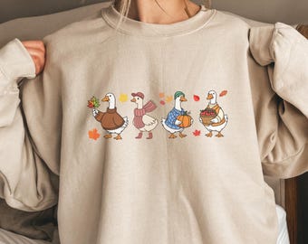 Embroidered Funny Thanksgiving Crew neck Sweatshirt, Cozy Fall Sweater, Autumn Fashion, Gift for Goose Lovers, Holiday Humor Apparel