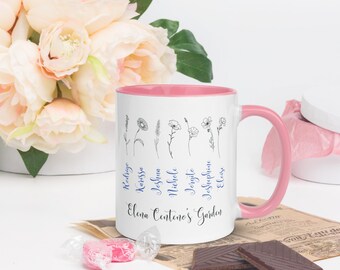 May include: White ceramic mug with a pink rim and handle. The mug has a floral design with the names of eight people and the text "Elena Conteno's Garden".