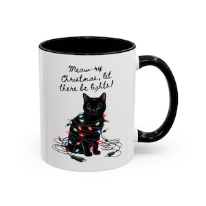 Meowry Christmas let there be lights Adorable Black Playful Kitty Tangled Christmas Lights Holiday Sips Cheers Ceramic Coffee Mug Black Cat