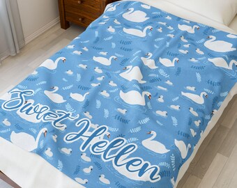 Custom Sweet Hellen Swan Nursery Blanket - Personalized Blue Velveteen Plush Baby Gift