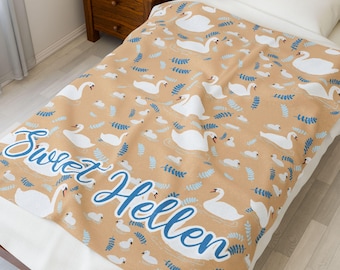 Custom Swan and Cygnet Velveteen Plush Blanket - Personalized Nursery Name Throw