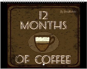 12 Monate Kaffeekalender | 50er Jahre Stil | Handgezeichnet, horizontal hängend. Perfekt für Koffeinliebhaber!