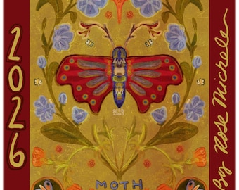 Calendario da parete con falene disegnate a mano 2026 – Opere d'arte floreali folk e insetti unici (solo negli Stati Uniti)