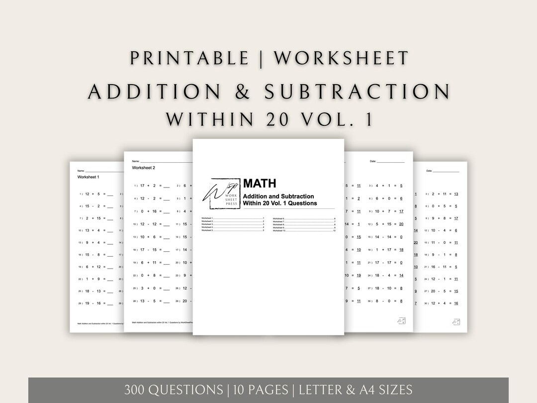 Addition & Subtraction Within 20 Vol. 1, Printable Worksheets, Basic ...