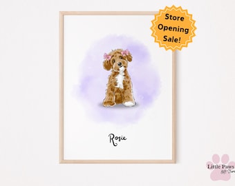 May include: A framed print featuring a watercolor illustration of a brown and white puppy with pink bows. The puppy is centered on a purple watercolor wash. The name "Rosie" is written below the puppy. A yellow "Store Opening Sale!" sticker is in the upper right corner.