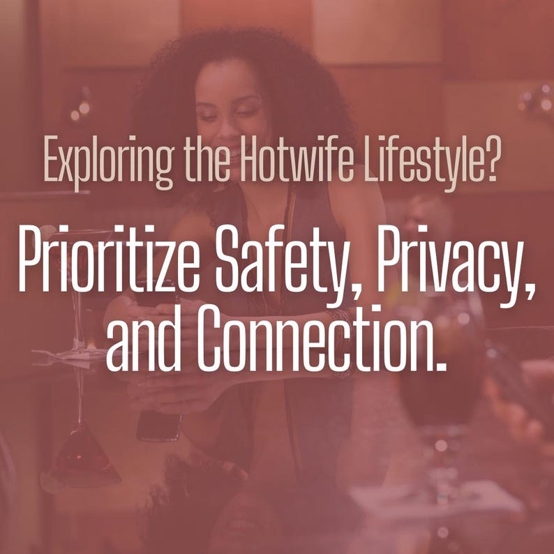 May include: A woman with curly hair is sitting at a bar, looking at her phone. The text on the screen reads "Exploring the Hotwife Lifestyle? Prioritize Safety, Privacy, and Connection."