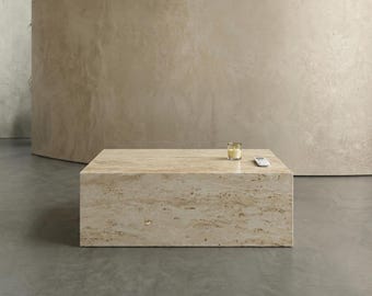Table basse cube en travertin 43,3 x 27,6 po. Table basse en pierre solide, table minimaliste en travertin, meubles de salon sculpturaux