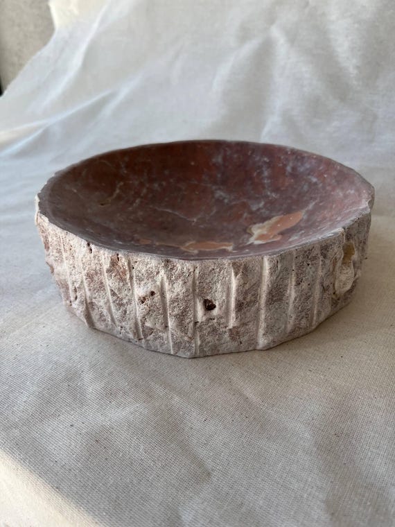 Handcrafted Pink Marble Bowl: Natural Travertine Stone Centerpiece