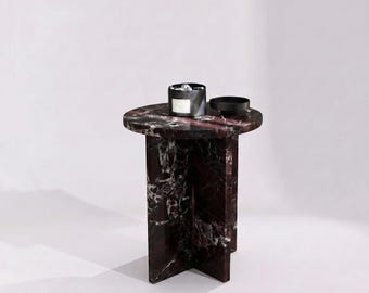 Rosso Levanto Marble Side Table – Sculptural Red Marble End Table, Round Cherry Marble Accent Table