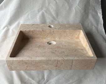 Handcrafted Beige Marble Sink: Natural Stone Bathroom Basin