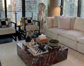 Rosso Levanto Marble Coffee Table with Hidden Wheels – Handmade Burgundy Marble Cube Table, Sculptural Luxury Furniture