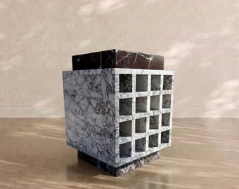 Rosso Levanto & Calacatta Viola Marble Side Table / Sculptural Accent Table – 15.7" x 15.7" x 22