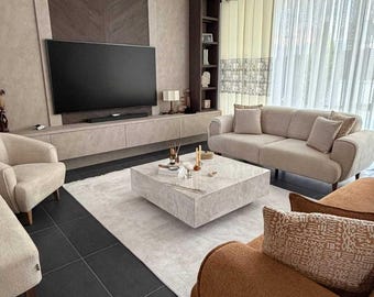 Beige Marble Coffee Table with Hidden Wheels, Sculptural Marble Table, Custom Stone Coffee Table, Minimalist Luxury Living Room Furniture