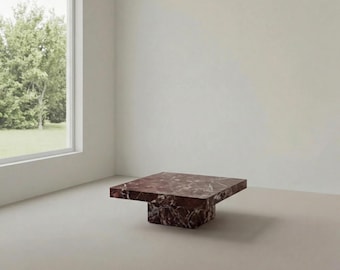 Tavolino da caffè Rosso Levanto / Tavolino centrale in marmo rosso di lusso / Zoccolo in marmo scanalato scultoreo / Tavolo quadrato moderno