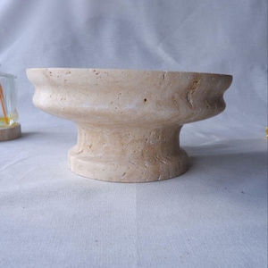 Handcrafted Travertine Bowl – 7.5&quot; Wide x 3.5&quot; Tall | Natural Stone Pedestal Bowl, Sculptural Travertine Decor, Organic Marble Fruit Bowl