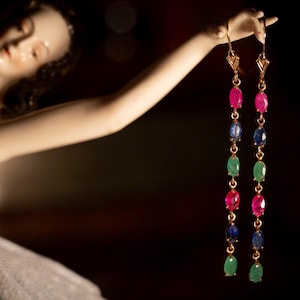 14K Vintage Emerald, Sapphire, Ruby Dangle Earrings