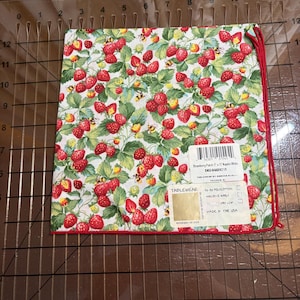 May include: A white square napkin with a red border, covered in a pattern of red strawberries, green leaves, and yellow bees. The napkin measures 17 x 17 inches. The tag reads "Strawberry Patch 17 x 17 Napkin White".