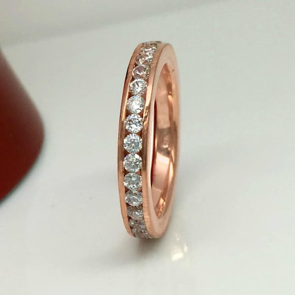 CZ Diamond Eternity Band Rose Gold Plated - White Diamond Cubic Zirconia Stack Ring - Stacking Ring - Anniversary - 301C Sterling Silver