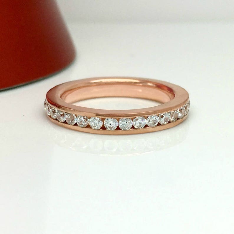 CZ Diamond Eternity Band Rose Gold Plated White Diamond Cubic Zirconia Stack Ring Stacking Ring Anniversary 301C Sterling Silver image 2