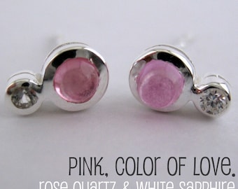 Rayo Rosa cabachon stud pendientes, pendientes, plata de ley pendientes, pendientes de piedras preciosas, cuarzo rosa rosa, 490A